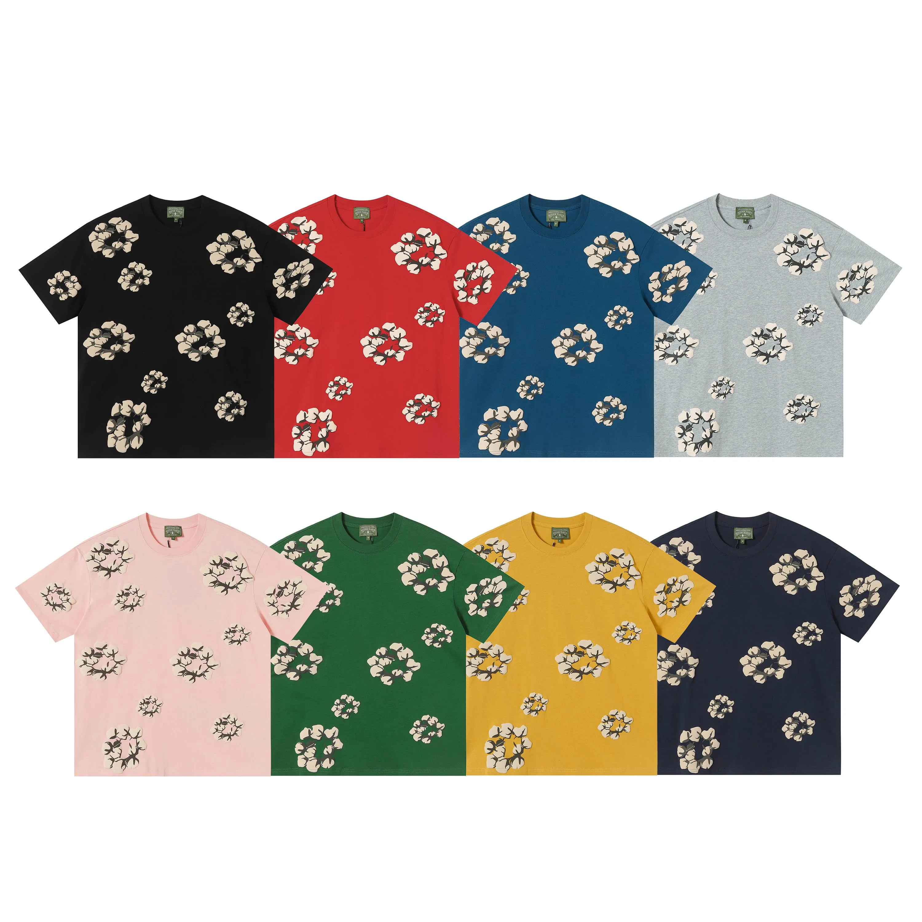 8201# 8 color set DENIM TEARS Kapok European and American fashion brand high quality foam flocking printed short sleeves Color Black Yellow Green Yellow Gray Royal Blue Pink Peacock Blue Size S-XL